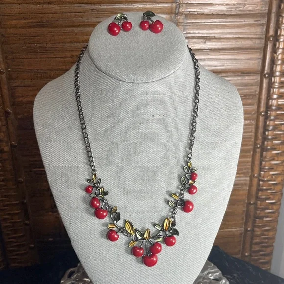 Red Cherry Necklace and Earring Set - Picture 2 of 11